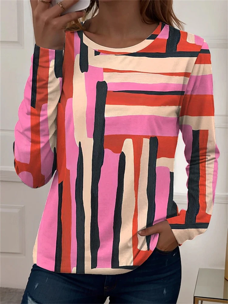 New Women's Autumn Long-Sleeve Color-Block T-Shirt Minimalist Polka-Dot Print Crew Neck Loose Fit Trendy Street-Style Top