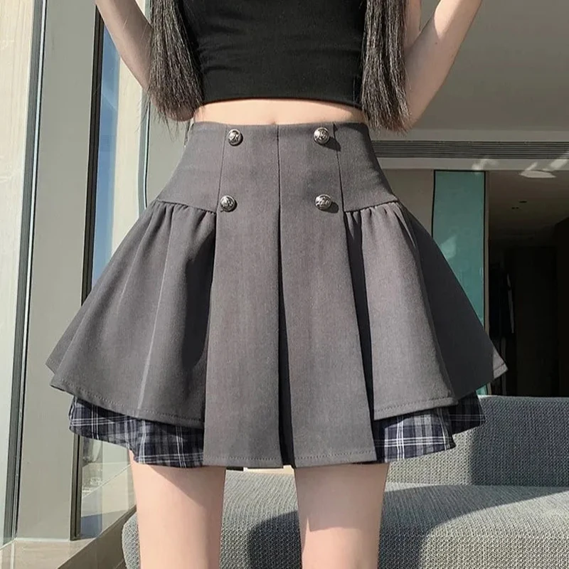 Korean Patchwork Jk Pleated Skirt Women Plaid Preppy Style Tutu Skirt A Line High Waisted Gray Mini Harajuku Y2K Skirt