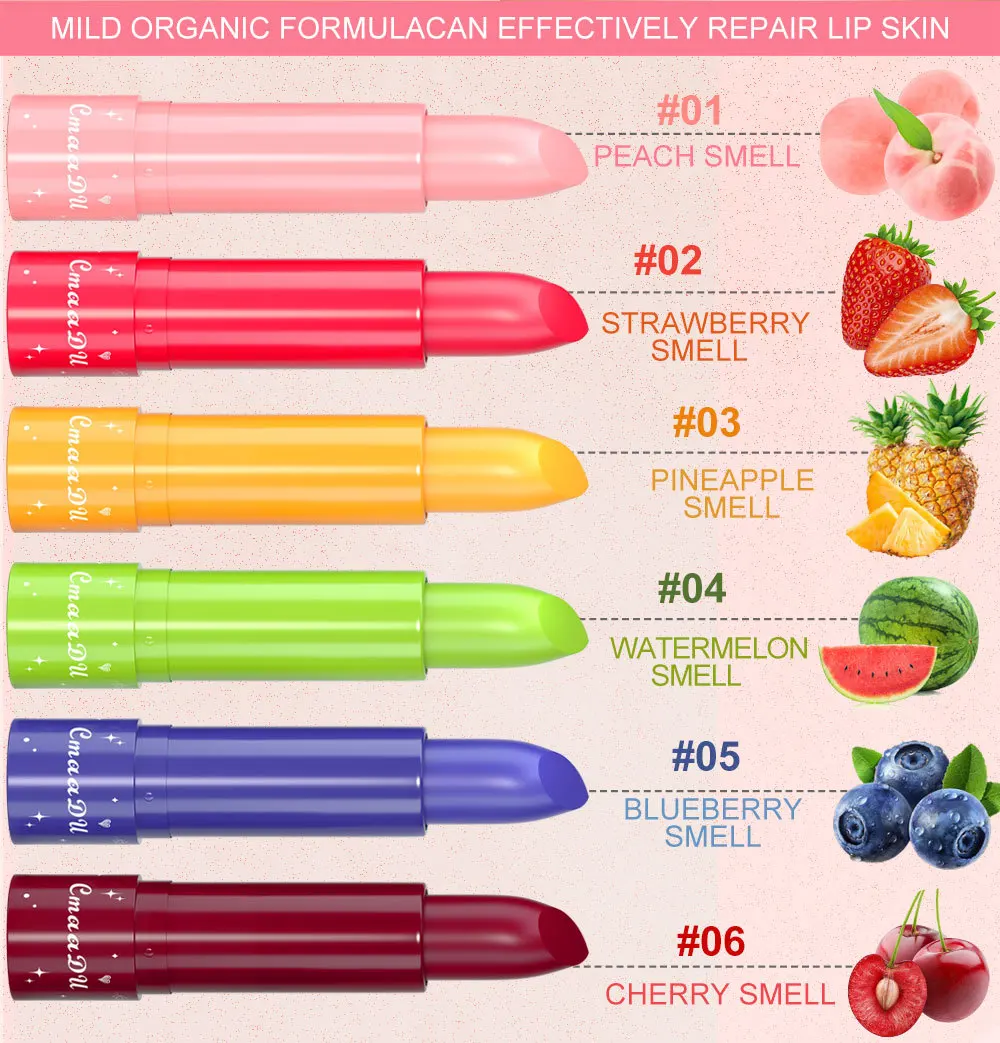 6-kleuren lippenstift met fruitsmaak Temperatuurgeactiveerde kleurveranderende lippenbalsem Hydraterend met vitamine E Dagelijks gebruik