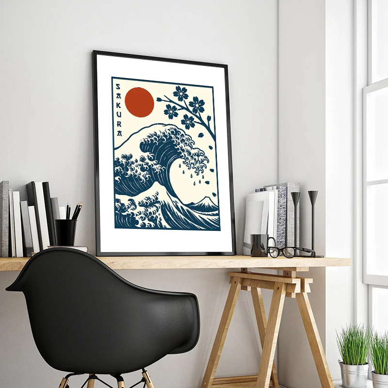 Japanese Wave Sunset Blue and White Ocean Waves Poster Minimalist Canvas Painting Print Wall Art Picture Living Room Home Decor