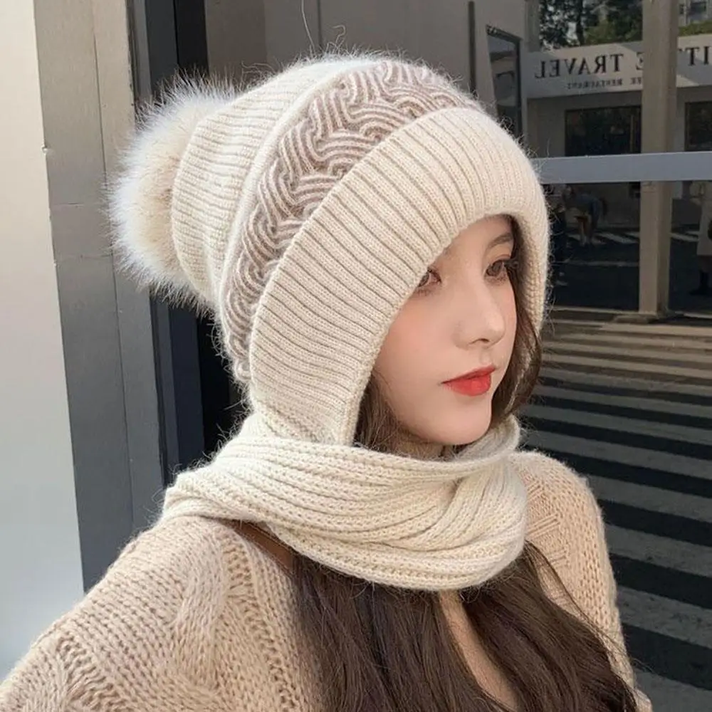 Women's Winter Warm All-in-One Knitted Hat Scarf, Comfortable Windproof Elastic Cycling Earmuffs Warm Hat Cold-proof Neck Cap