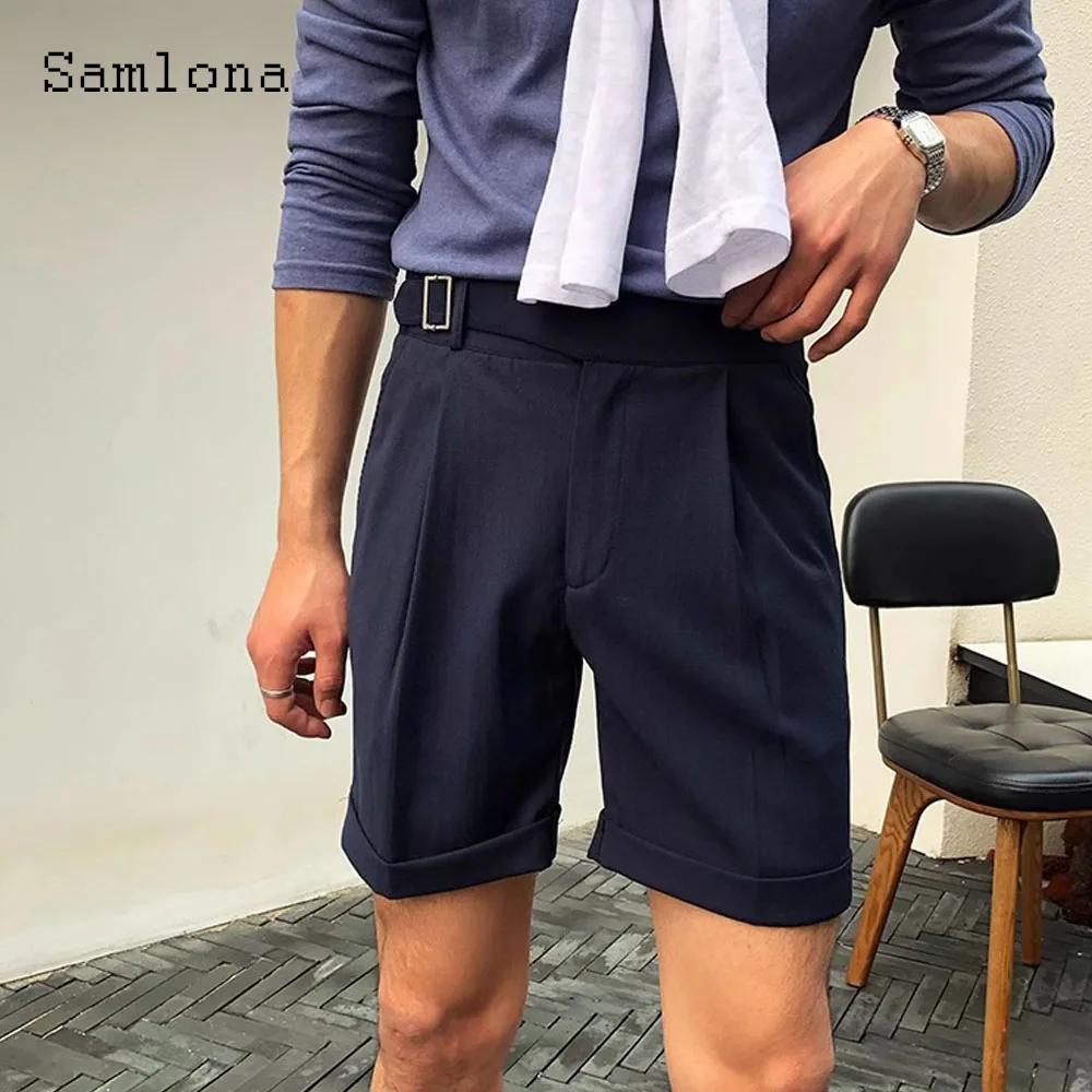 Mens Vintage Crimping Suit Short Pants 2024 European Style Casual Knee-Length Pant Solid Apricot Comfy Diagonal Buckle Up Shorts