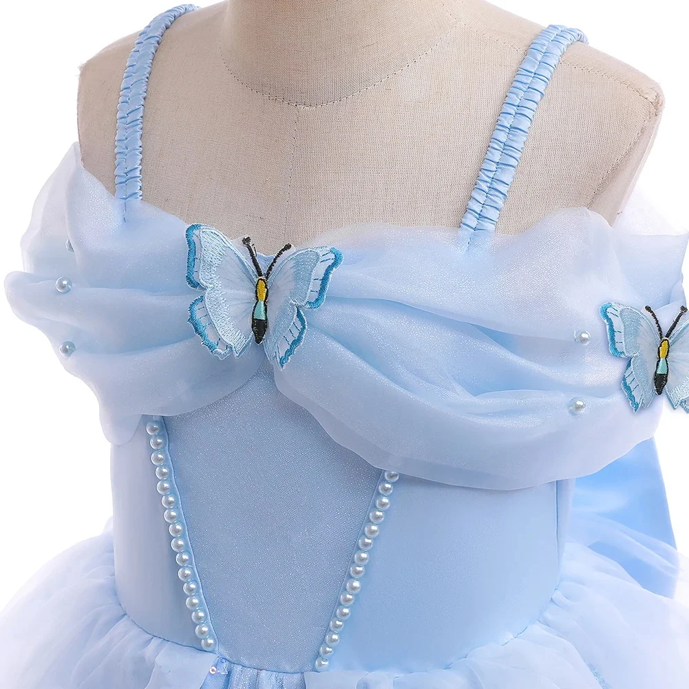 Kinderpartykleider für Mädchen, elegantes Cinderella-Prinzessinnenkleid, Schmetterlingsblaues Abendkleid für Mädchen, Sommer-Abschlussballkleid – Detail 7