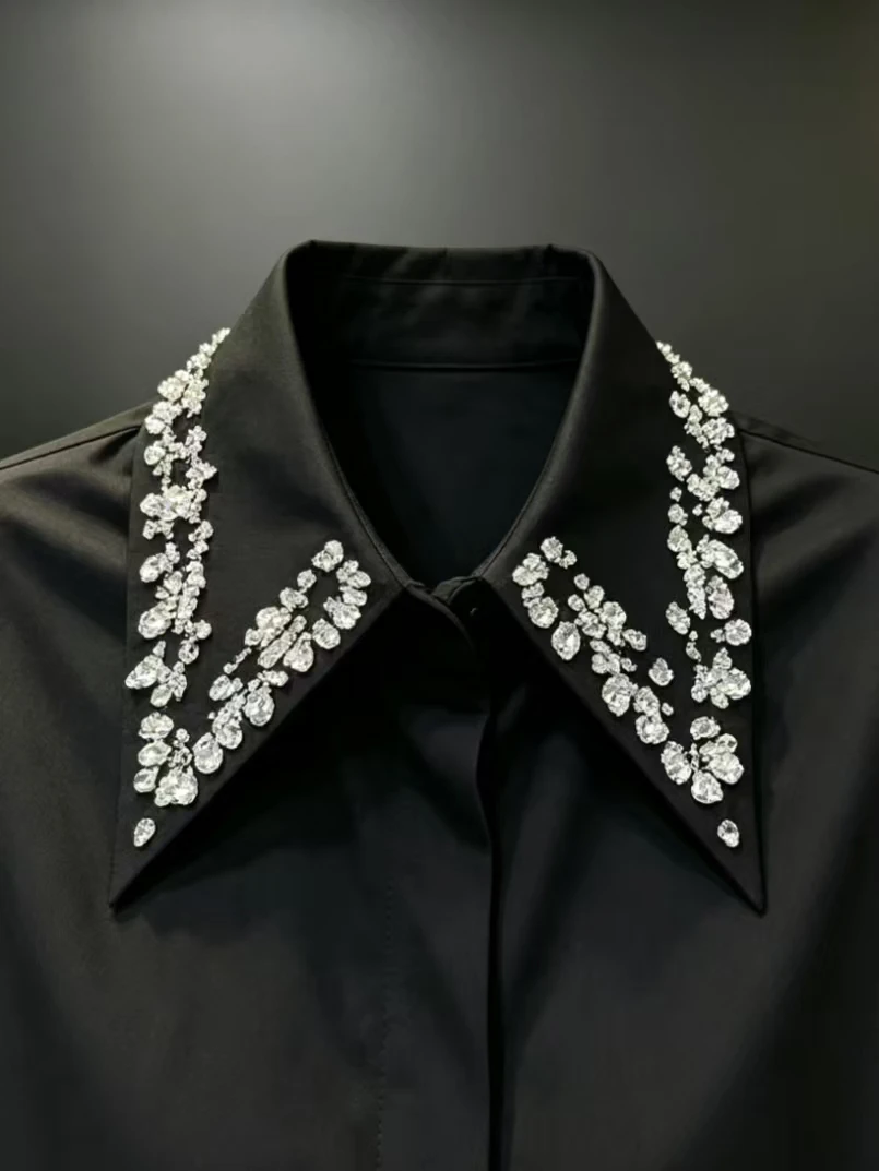 Luxuriöse Handgefertigte Diamanten Damenblusen und -hemden 2026 Herbst Damenhemd Oversize Baumwolle Lässiges Oberteil Damenbekleidung