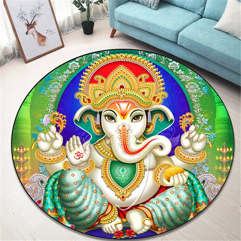 Indian Elephant God Ganesha Round Carpet for Living Room Rugs Camping Picnic Mats Flannel Anti-Slip Rug Yoga Mat Prayer Carpet