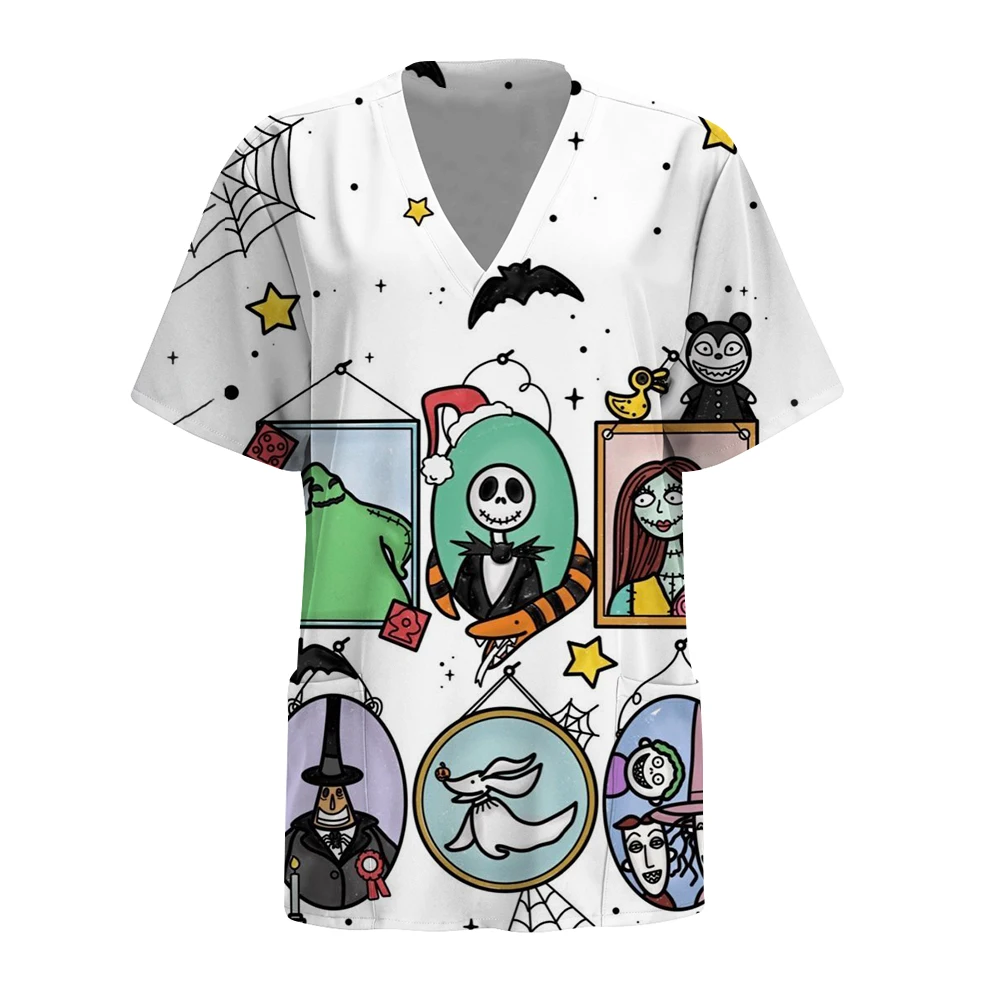 Damska bluzka pielęgniarska Disney Miasteczko Halloween Moda damska Casualowa bluzka z nadrukiem Strój roboczy ochronny Odzież medyczna