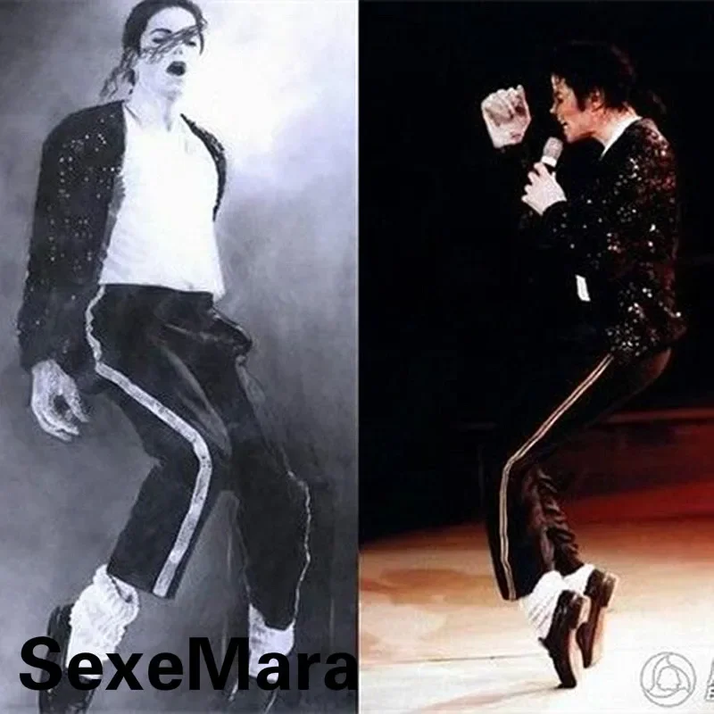 MJ Michael Jackson Black Billie Jean Entertainers Straight Golden trousers Casual cropped jeans  Elasticity Ankle-Length pants