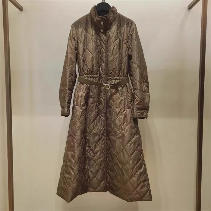 OBZ25 Herfst Lange Citroen Kaas Donsjas Met Riem Diamant Patroon Veelzijdige Rechte Cut Pendelen Sle Damesjas