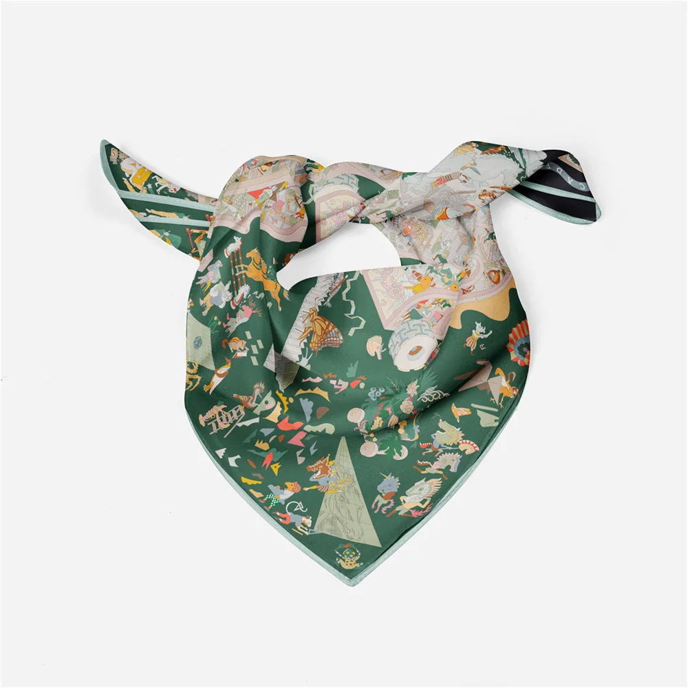 Twill Silk Scarf Woman Fashion Painting Square Scarves Wraps Bandana Small Hijab Silk Foulards Tie Headband Neckerchief 53CM