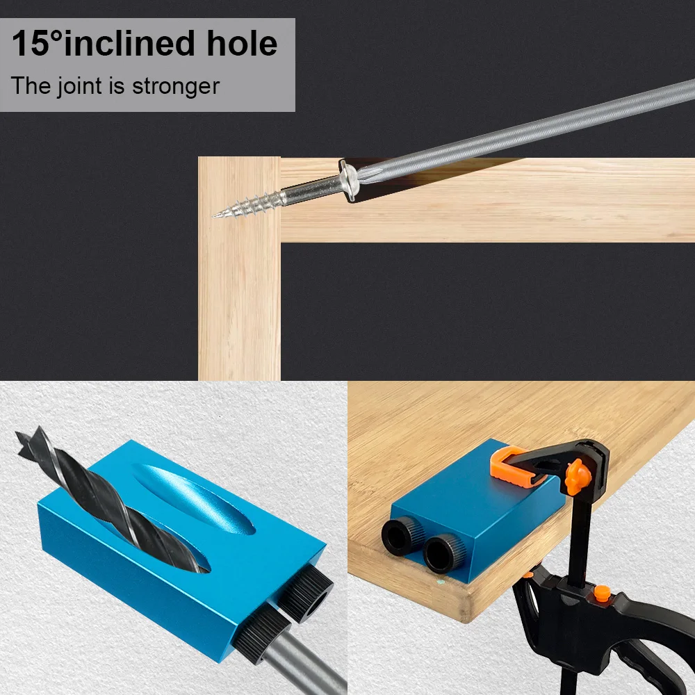 15 Degrees Pocket Hole Jig Kit With Drill Bit Set Hole Puncher 7/14/15Pcs Woodworking Hole Drilling Guide Locator