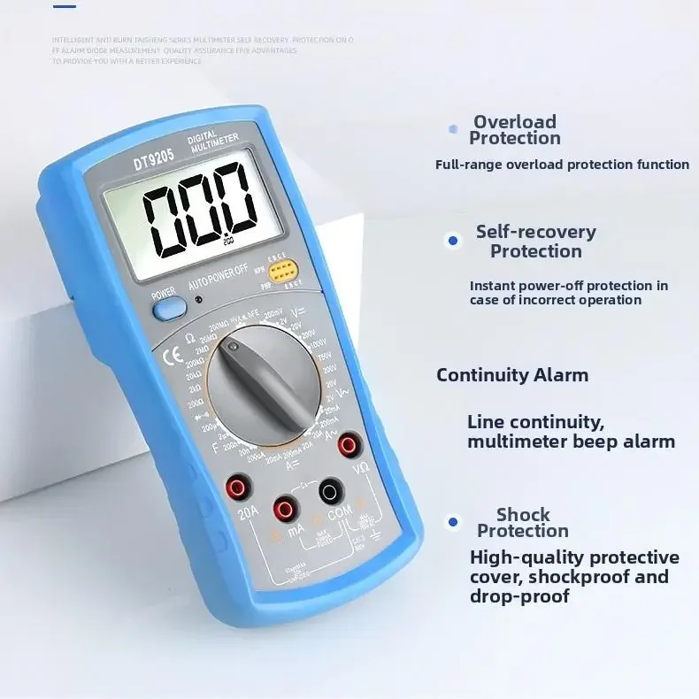 DT9205 Digital Multimeter High Accuracy Auto Range Capacitance Resistance Voltage Current Tester With Anti Burn Protection For E
