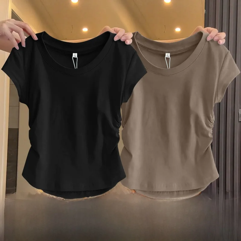 Women's ort Sve T-irt 2025 New Summer Slim Fit Design Teaded Waist Pure Color Body a Versatile Top Quali