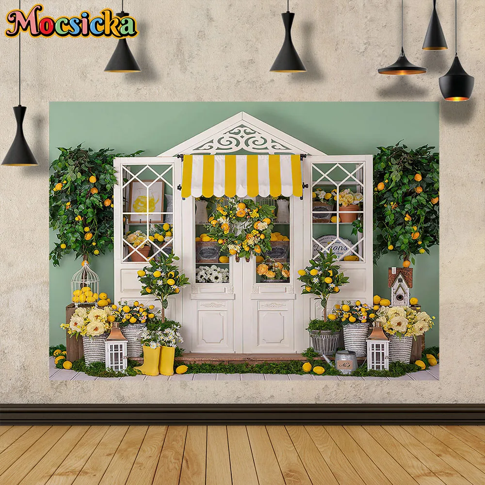 

Mocsicka Lemon Shop Summer Decoration Background Fruit Tree Retro White Door Potted Photography Backdrop Kids Studio Photo Props