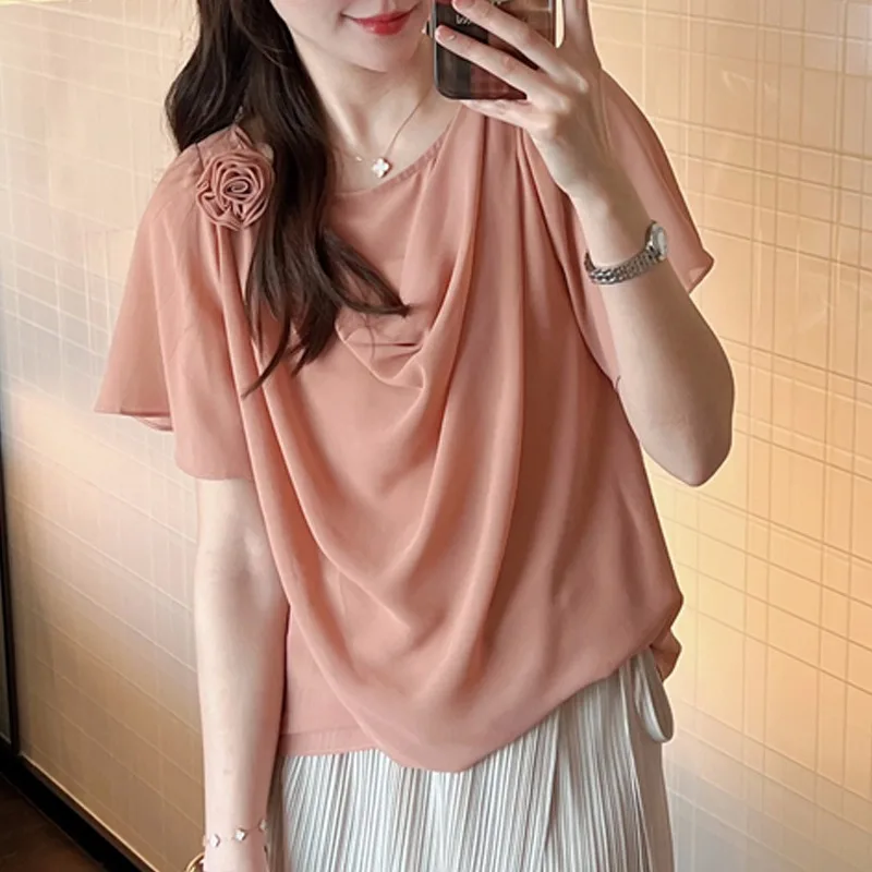 Camicette da donna in chiffon Camicie a fiori coreani MODA Allentate Primavera/Estate Abbigliamento vintage Top da donna a maniche corte tinta unita