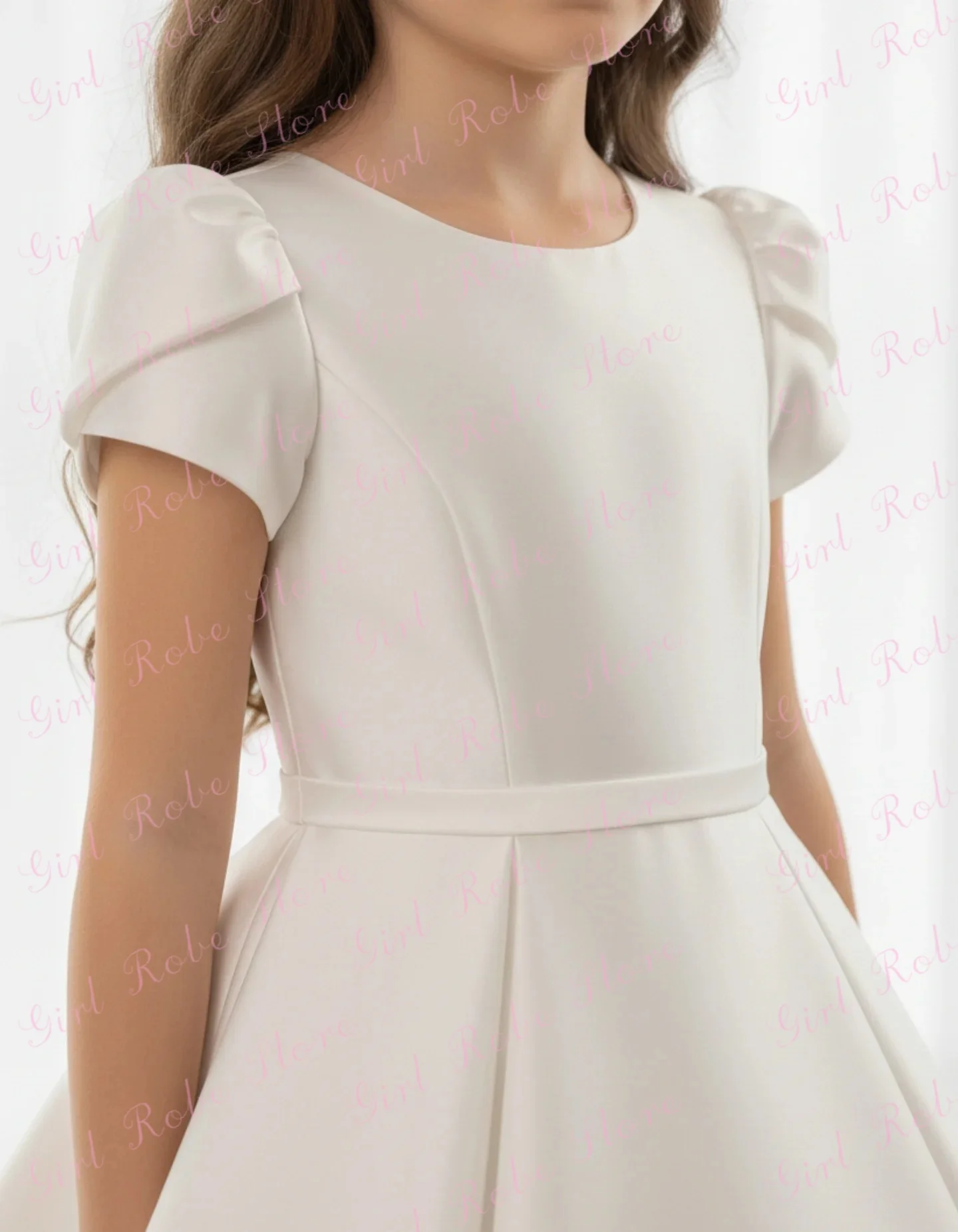 Ivory Satin Flower Girl Dress For Wedding Short Sleeve Floor Length Modest Elegant Princess First Communion Evening Banquet Gown
