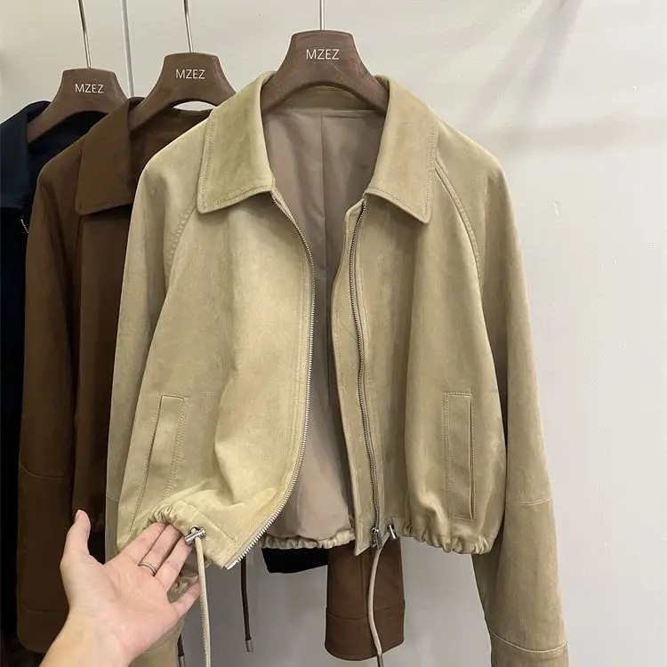 

Short Suede Jacket for Women's Wear New Fashion Casual Loose Versatile Stand up Collar Windbreaker Soft Jacket Coat