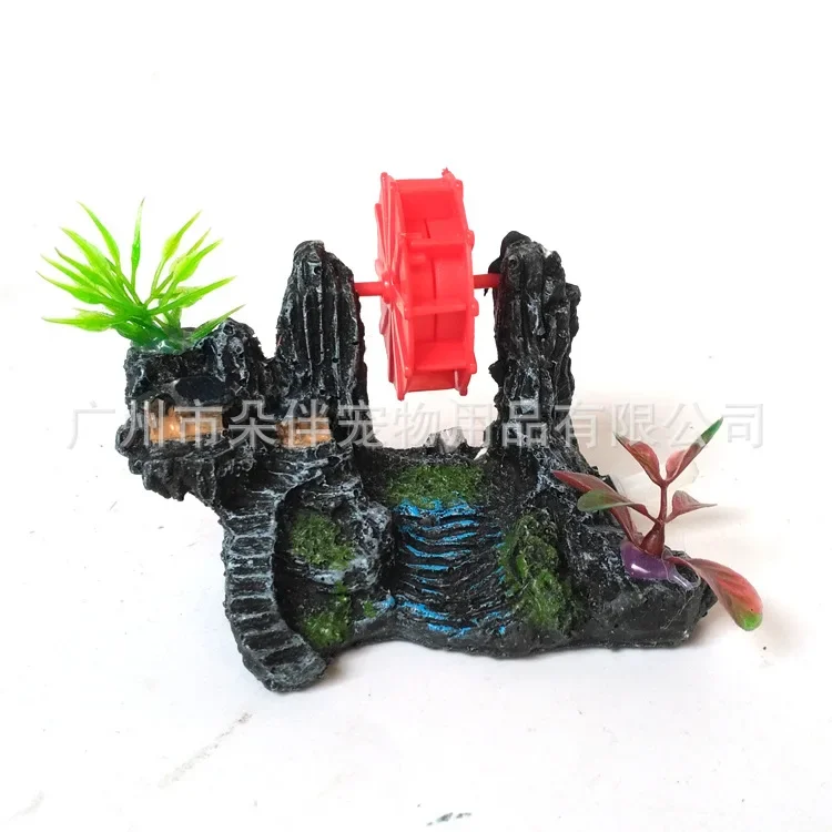 Aquarium Aquarium Fish Tank Ornament Resin Artificial Mountain Stone Windmill Air Pick-up Pump Can Turn The Water Wheel