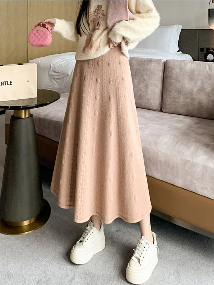 Women Knitted Midi Long Skirt 2024 Fall Winter Thick Warm Elegant Solid A Line High Waist Mid-length Skirt Female Z668