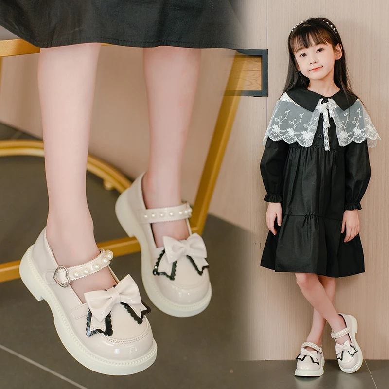 

Кожаная обувь для девочек 3–18 лет, бежевые туфли с бантом и жемчугом для девочек, модели четырех сезонов, черная мягкая нескользящая детская обувь