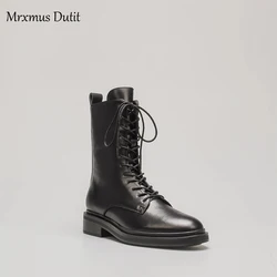 Mrxmus Dutit 2023 Autumn Winter Fashion New Women Genuine Leather Lacing Flat Short Boots Round Head Simple Casual Short Female