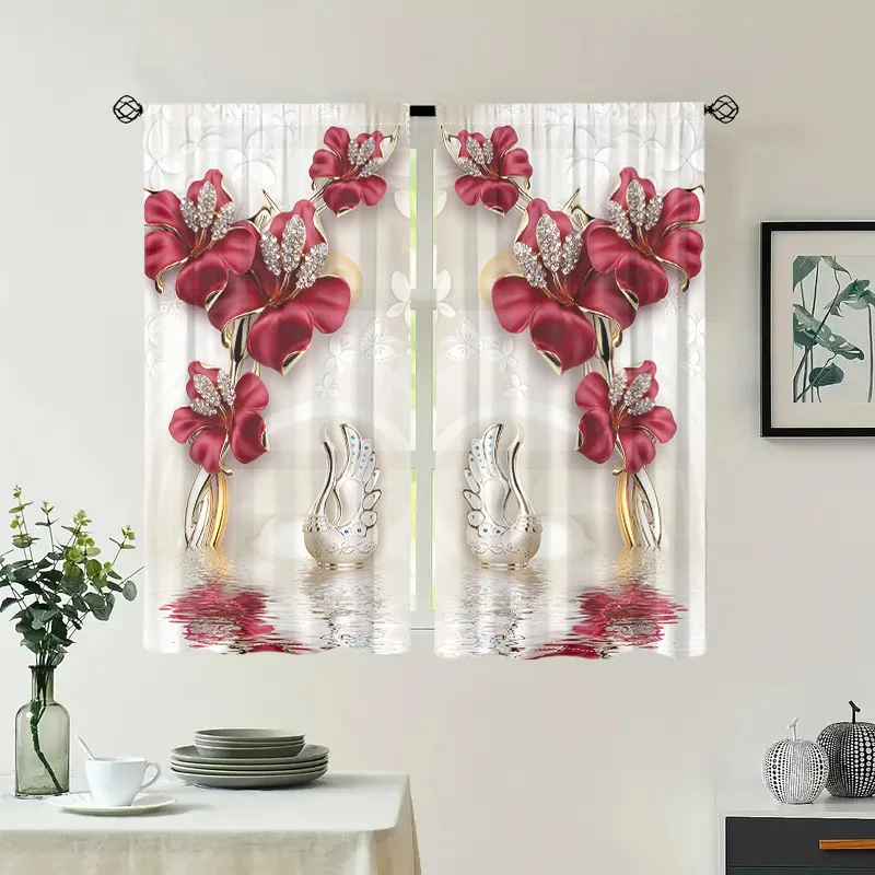 2 pieces, beautiful flower swan print semi blackout curtains - pole pockets - bedroom, living room, and other home decorations