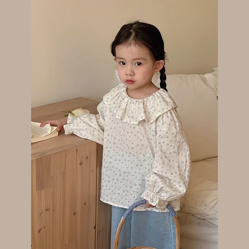 Blouses Childrens Clothing Girl Lotus Leaf Collar Shirt Spring Children Flower Edge Collar Jacquard Weave Baby Shirt Tops 2024