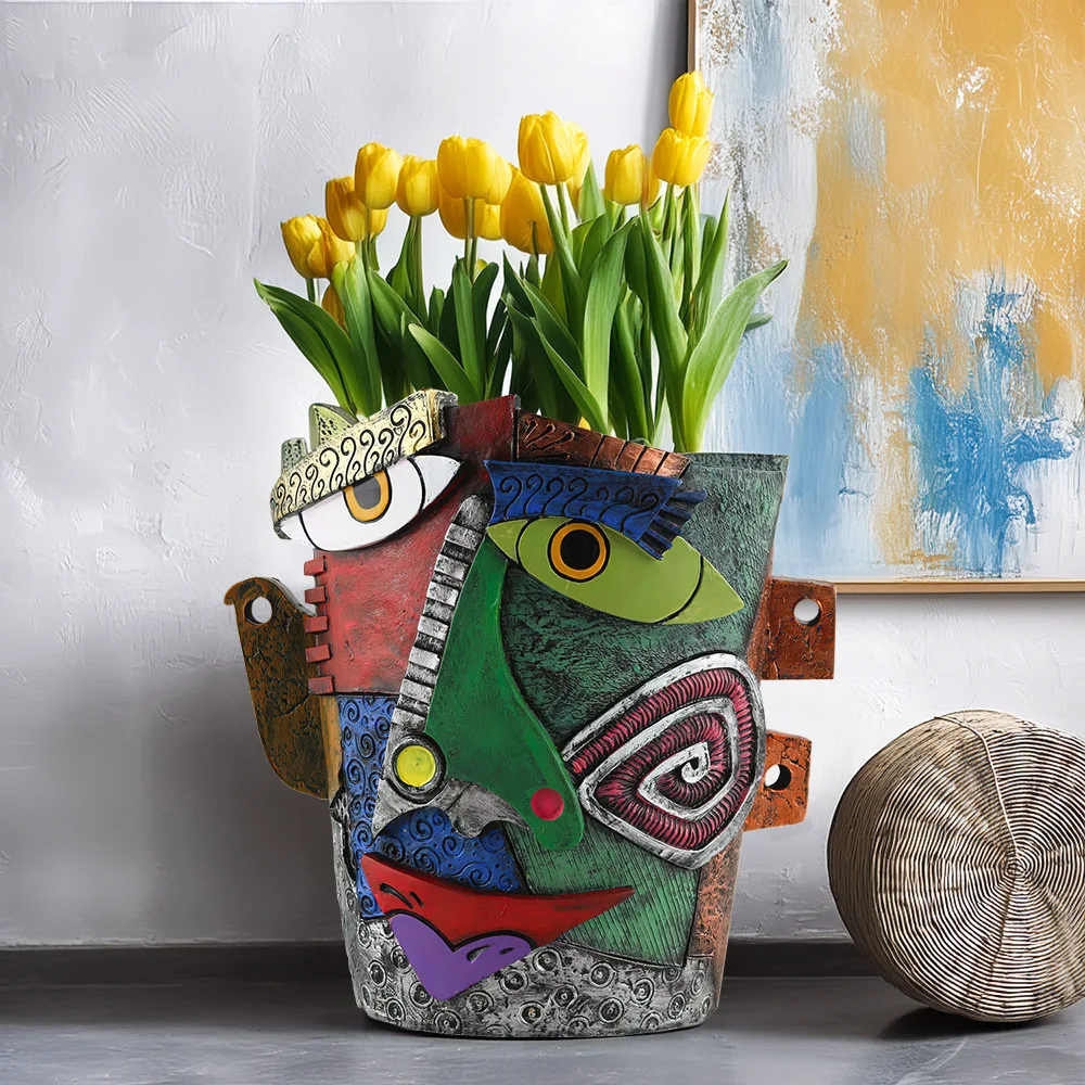 Retro Blumentopf mit Menschlichem Gesicht, Bunter Abstrakter Kunst-Sukkulententopf, Lustige Harz-Ornamente, Großer Durchmesser Kreativer Pflanzentopf – Detail 4