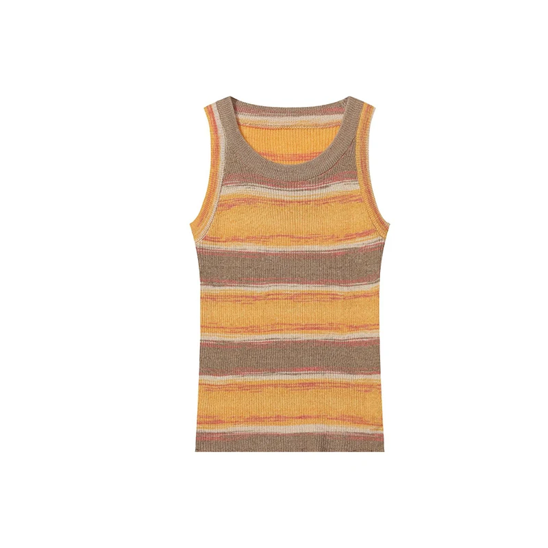 Chaleco de punto a rayas de Color Patchwork elegante para mujer, camiseta sin mangas ajustada con cuello redondo, prendas de vestir para vacaciones en la playa, Top sin mangas