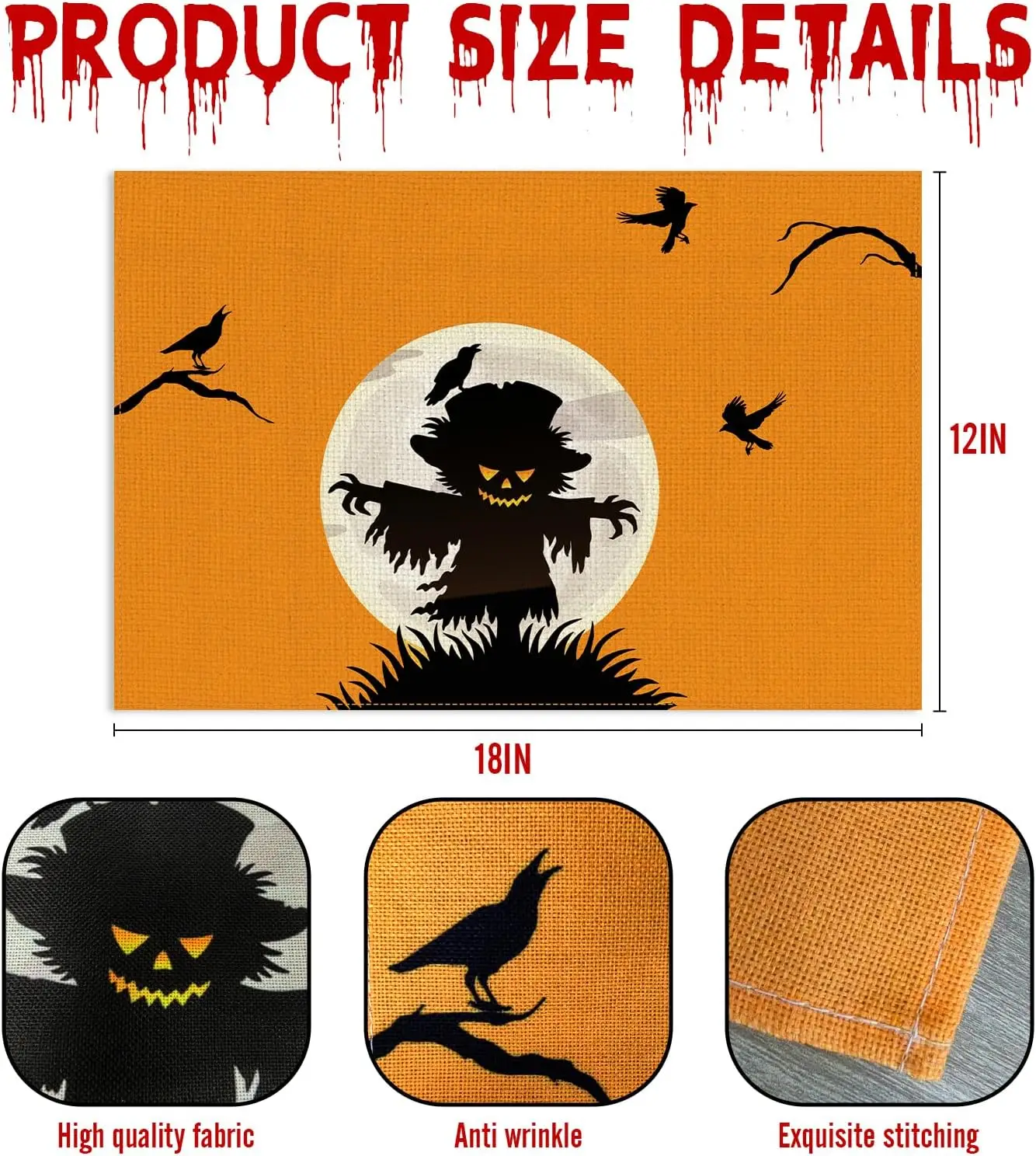 Halloween Decorations Placemats Set of 4,12x18 Inch Linen Spooky Scarecrow Tree Crows Branchs Washable