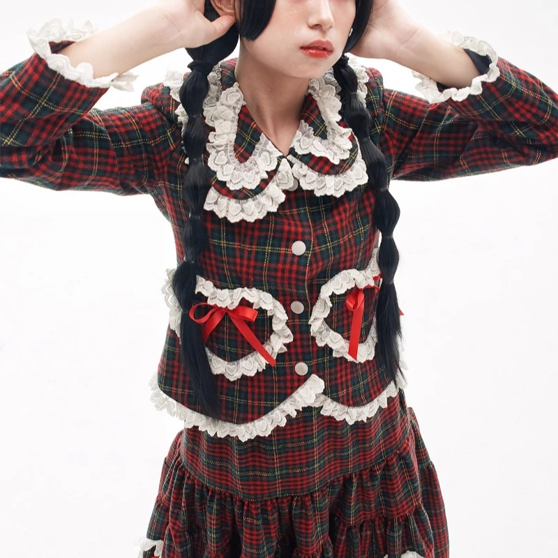 Original Design Japanese Blazer Retro Red Lolita Autumn And Winter Y2K Thin Bow Ruffle Edge Cute Sweet Beautiful Women's Coat