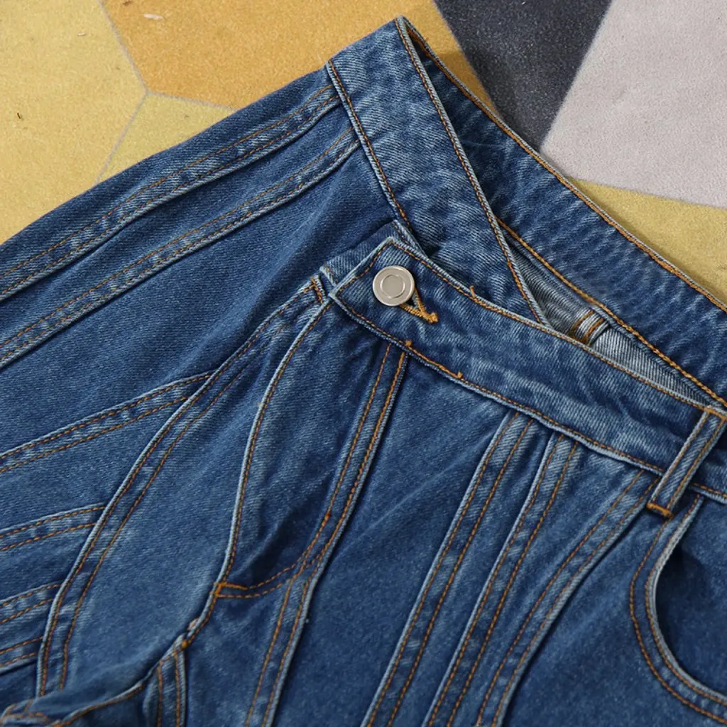 

Designer Asymmetrical Slant Waist Pants Niche Multi-line Split Stitching Structure Cut Jeans for Women