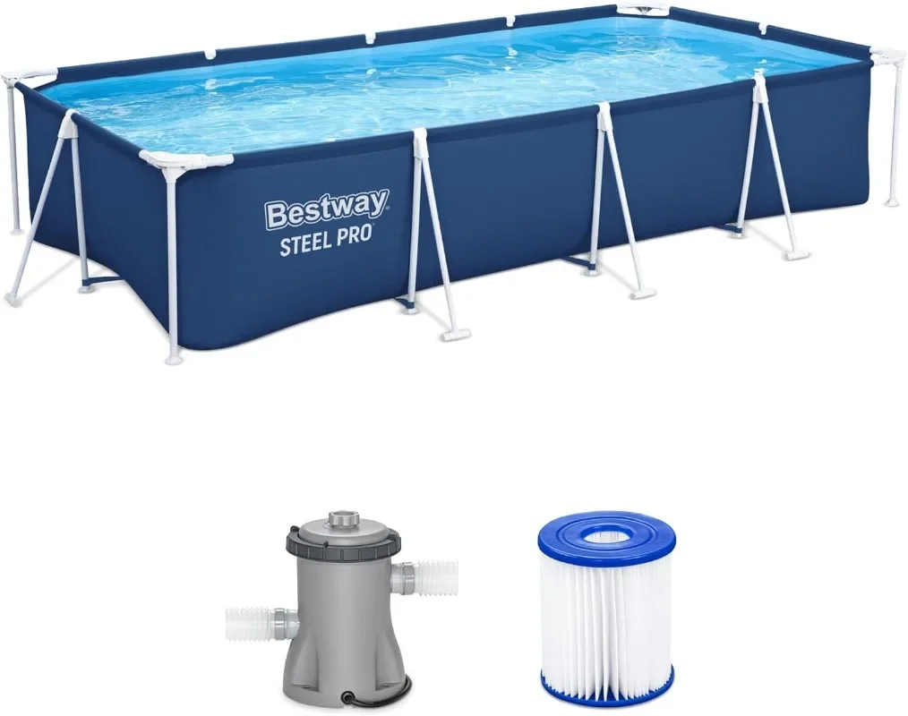 Bestway Steel Pro 13 Foot x 32 Inch Rectangular Above Ground Outdoor Pool Steel Framed Vinyl Swimming Pool with 1,506 Gallon