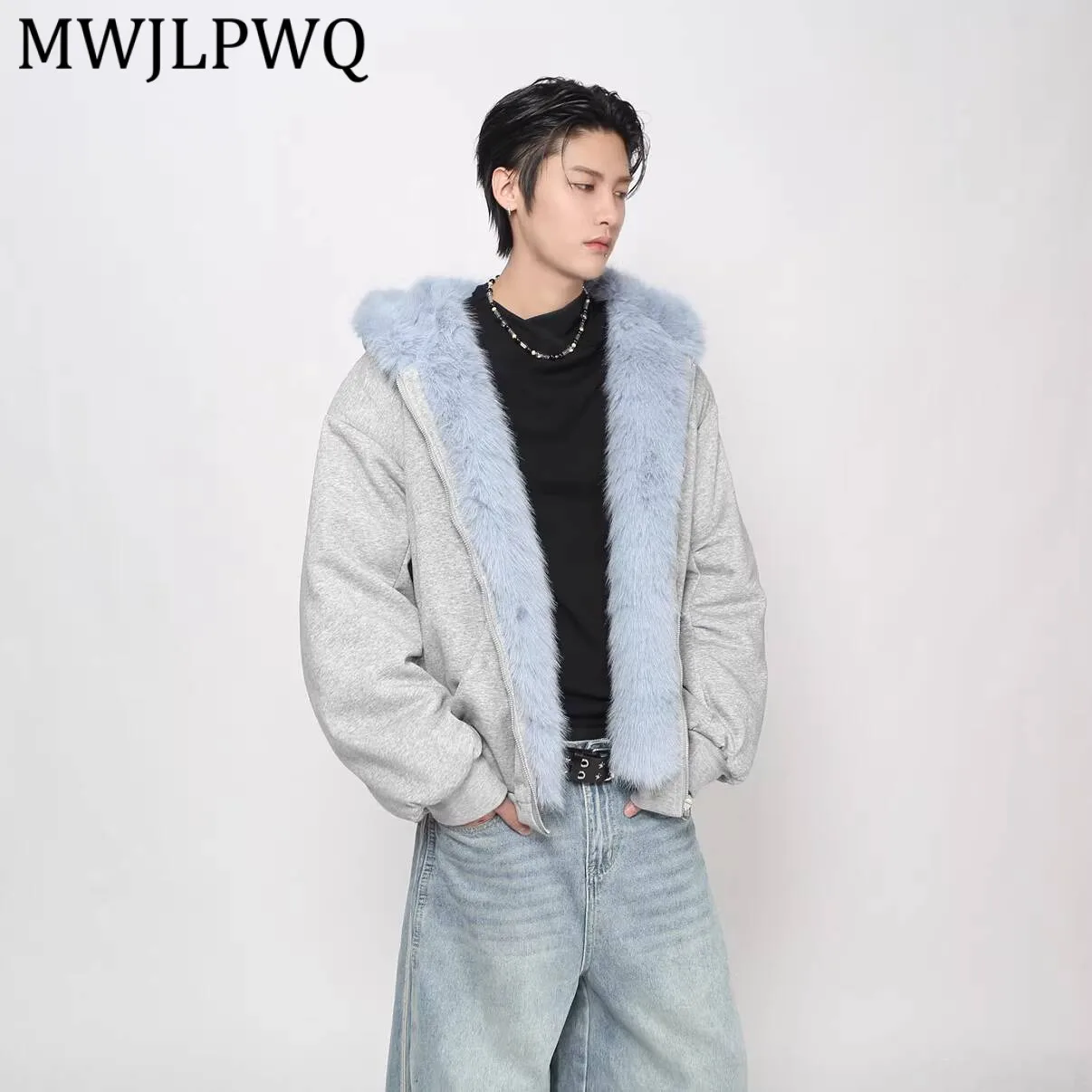 

MWJLPWQ Winter Thickened Warm High-Quality Fur Collar Heavy Cotton Jacket For Men American Style Trendy Couple's Coat 13852