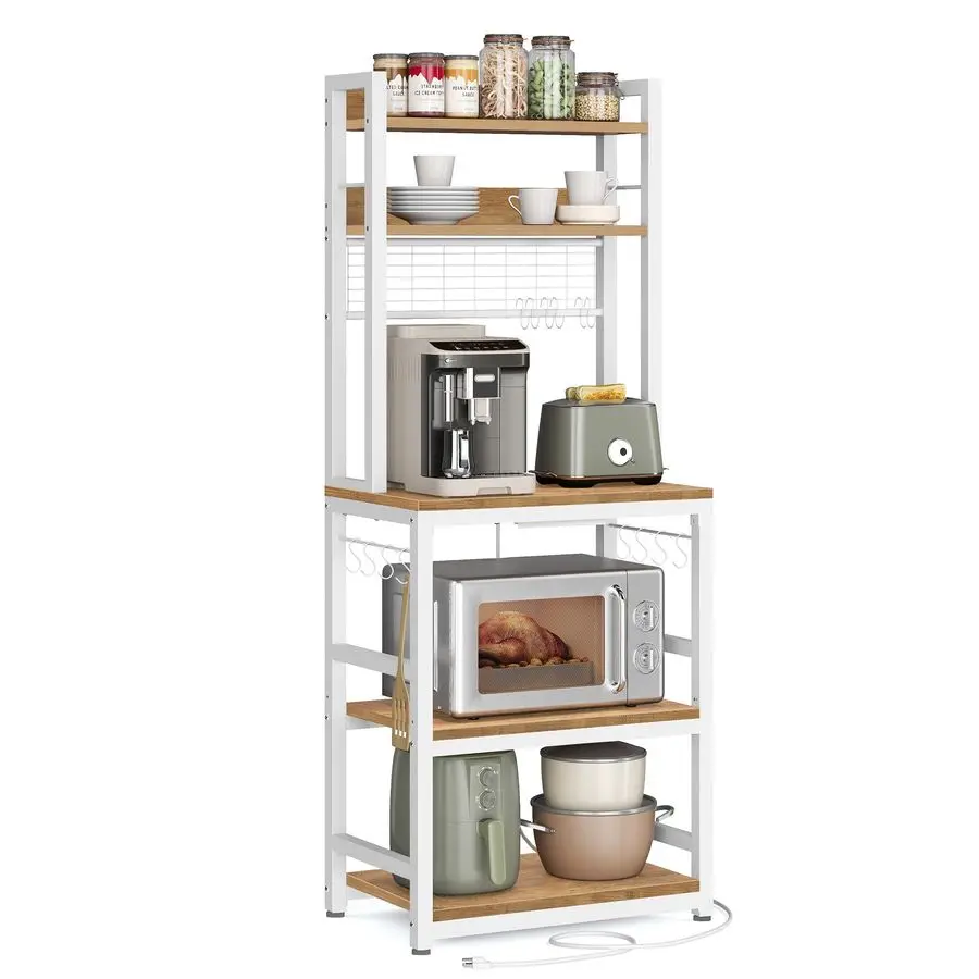 

Bakers Rack with Power Outlet, Microwave Stand, Kitchen Tall Utility Storage Shelf, with Metal Wire Panel, 14 Hooks, 15.7 x 23.6