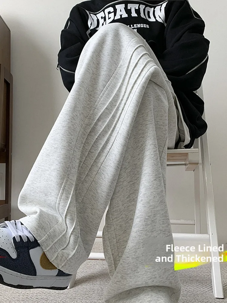 Cleanfit Men's Fce Lined Casual Pants Autumn Winter White ey Versatile Long Trousers American Sle Straight Leg Sweatpants