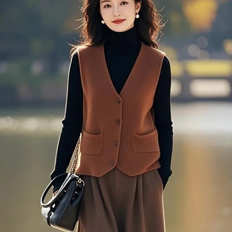 

Женская одежда, винтажные универсальные жилеты без рукавов с v-образным вырезом, осень-зима, новые элегантные пальто на пуговицах во французском стиле, офисные женские топы