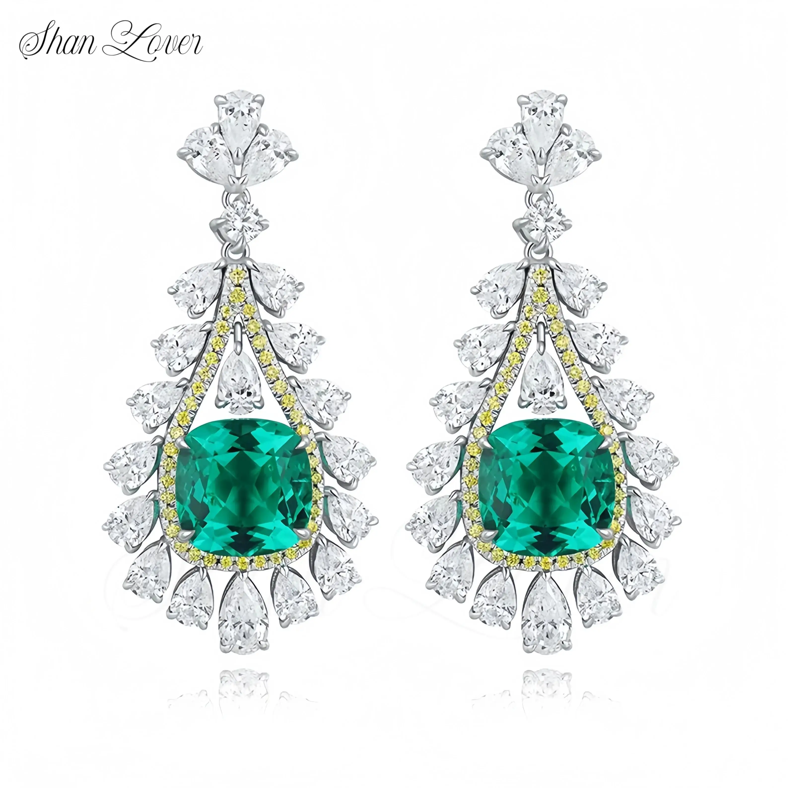 

ShanLover 4.2ct Lab Grown Green Emerald Gemstones Stud Earrings Jewelry For Woman Real 925 Sterling Silver Drop Pendant Earrings