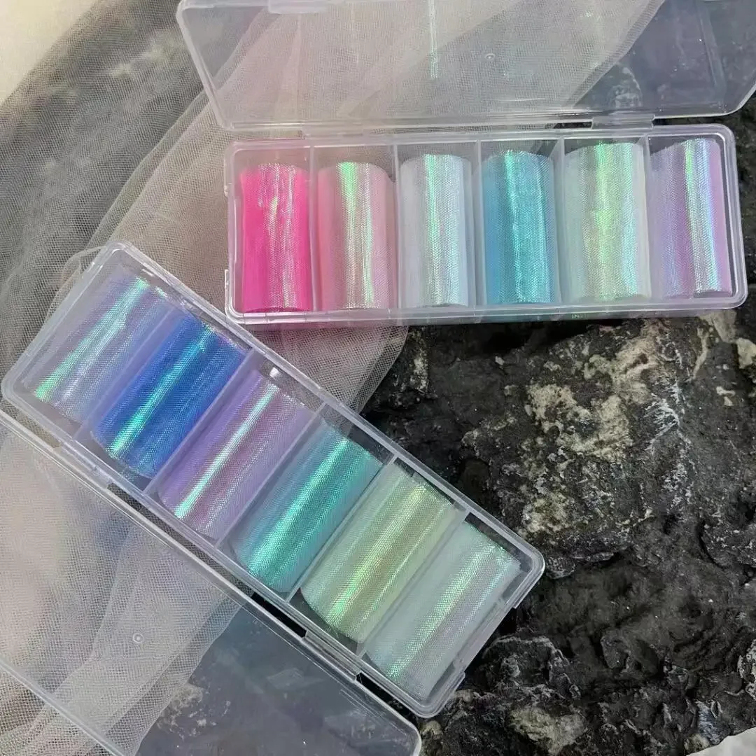 6 Rollen Meerjungfrau Stoff Serie Nagel für holo graphische Gradienten Schieber nicht klebende Nägel Wraps Seide Auroral Nail Art Decora