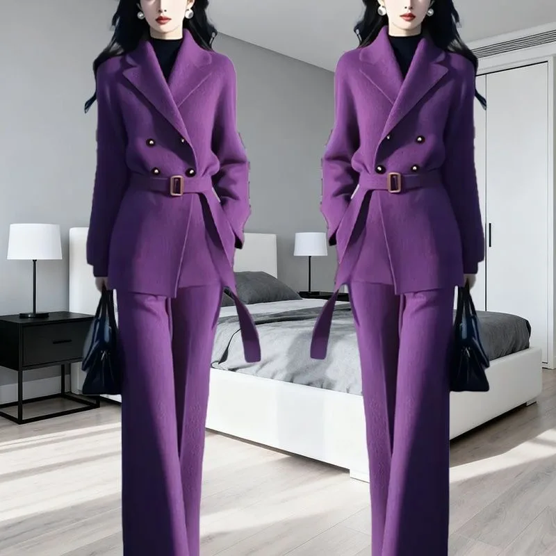 New Autumn Winter High End Women's Suit Elegant Long Sleeve Jacket + High Waist Wide Leg Pants Small Fragrance Two Piece Set