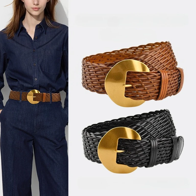 クラシックヴィンテージワックスロープ衣類編みベルト女性用ピンバックルファッションドレスパンツ手編み女性用ベルト