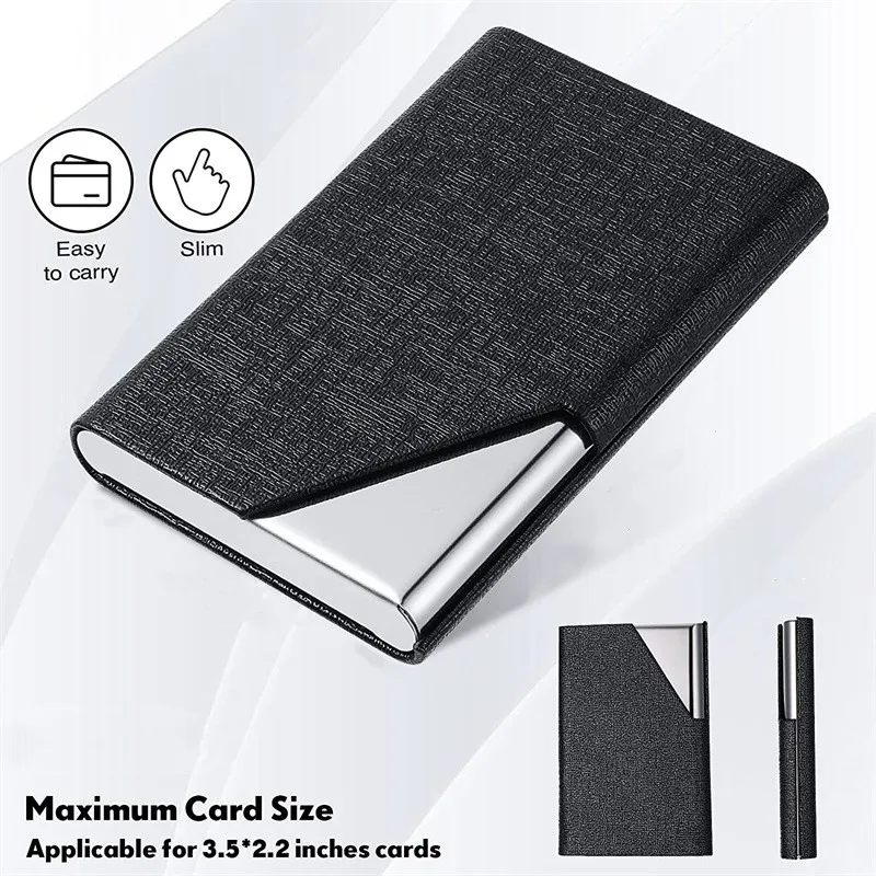 Titular do cartão de visita com Magnético PU Couro Aço Inoxidável Business Card Case ID Name Card Case para Homens Mulheres Escritório 95*63mm