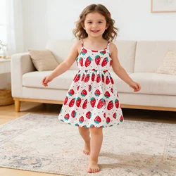 Children's Clothing Girl's Sling Strawberry Print Pattern Dress Sweet And Cute Summer Casual Dress for Girls Aged 3-7 Years