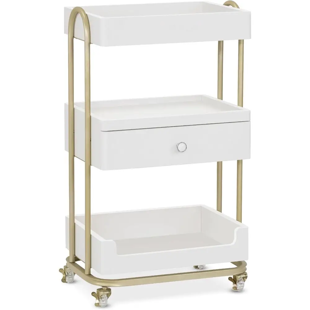 Stylish Lockable Trolley with 3 Shelves for Beauty, Barber, and Spa Use - White & Gold