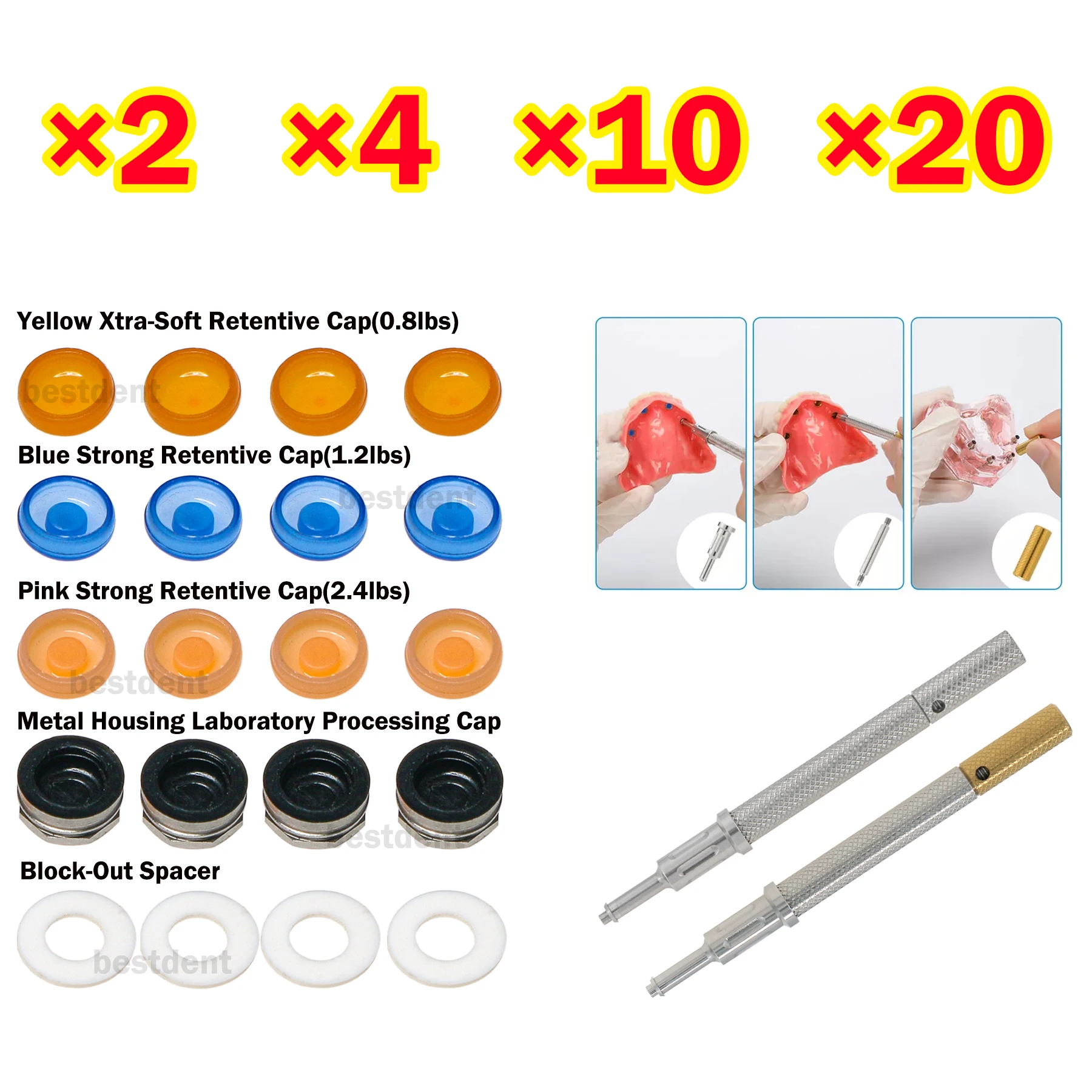 Implant Universal Retention Caps Set Insertion Extraction Tool Remove Locator 3 tools in 1 Core Tool