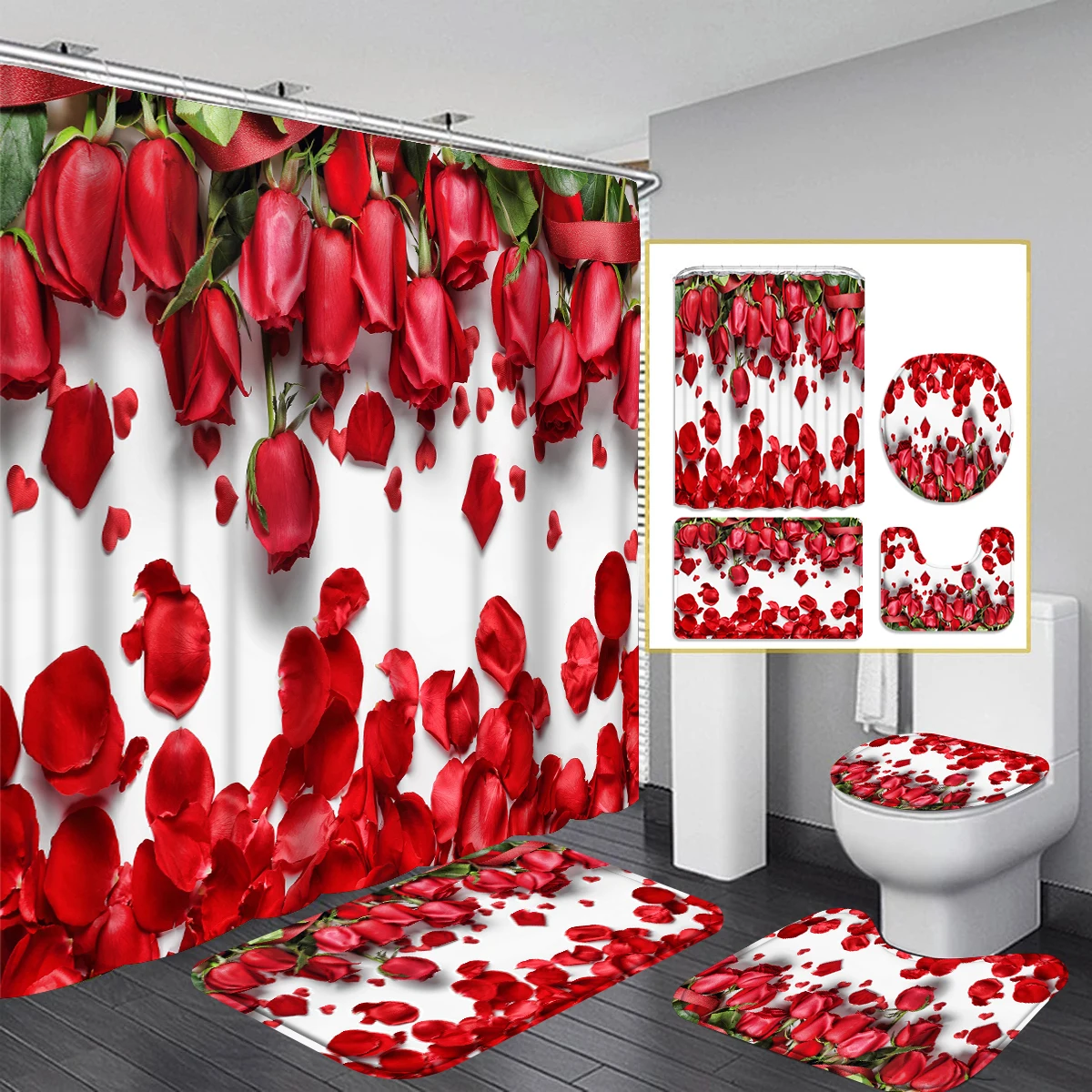 1/4 Piece Shower Curtain Set, Waterproof Bathroom Partition Curtain with Hooks, Anti-Slip Bath Rug, U Shape Mat, Toilet Seat Cov