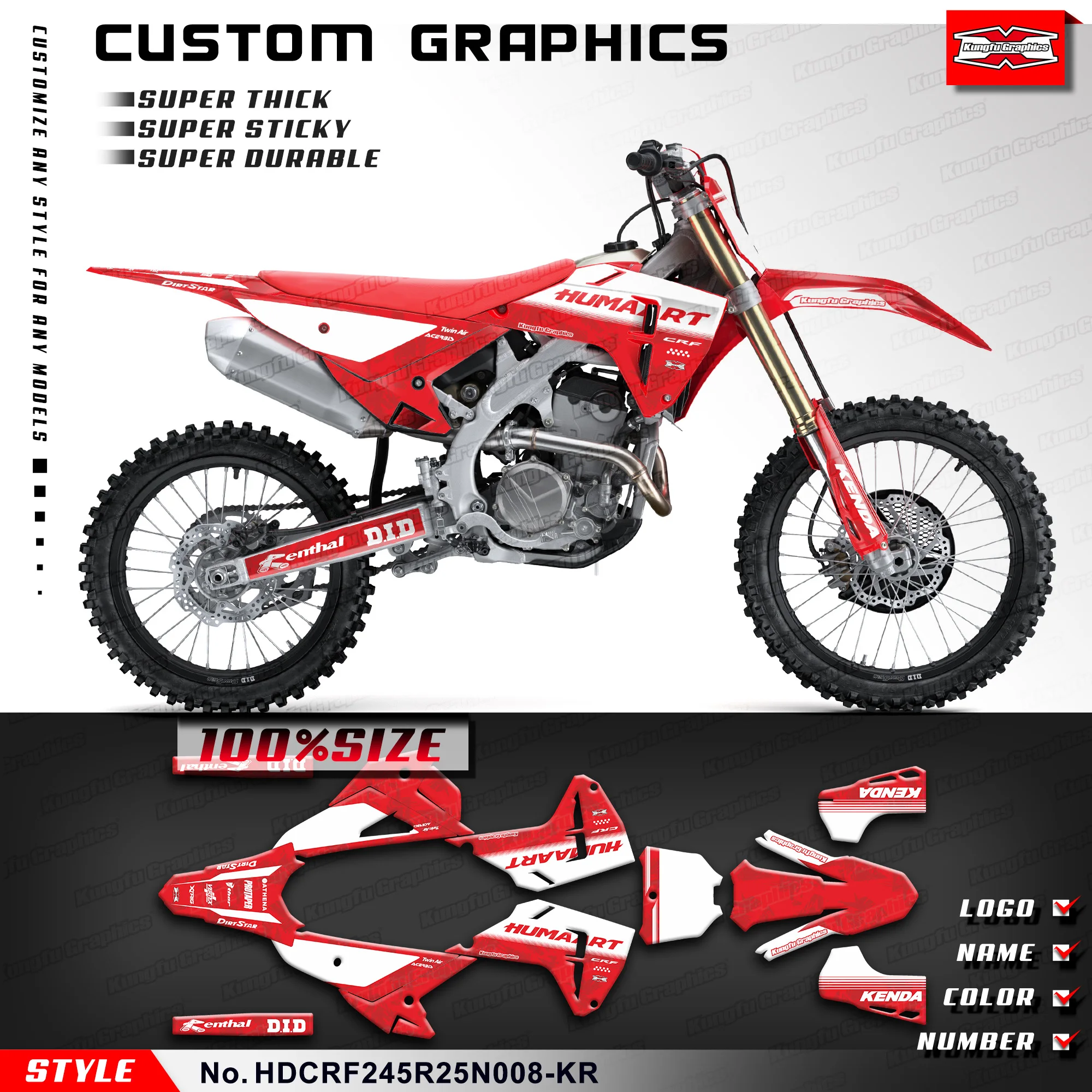 KUNGFU GRAPHICS Custom Graphics Sticker Sheet for Honda CRF250R CRF450R 2025 Dirt Bike Decals, HDCRF245R25N008-KR