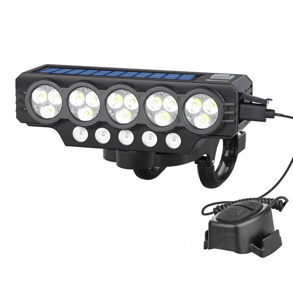 

900 Lumens Solar USB Rechargeable Bicycle Headlight Featuring Dual Lighting Modes and 120 dB Sound for Rider Awareness