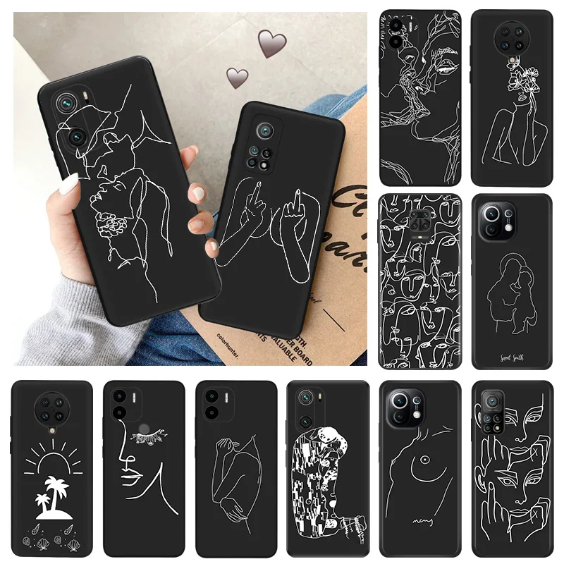 Soft Phone Cases For Xiaomi Mi 11 10t Lite 11t Redmi Note 7 8 8t 10 k40 k60 k50 Flower Abstract line Art Girl Kiss Matte Cover