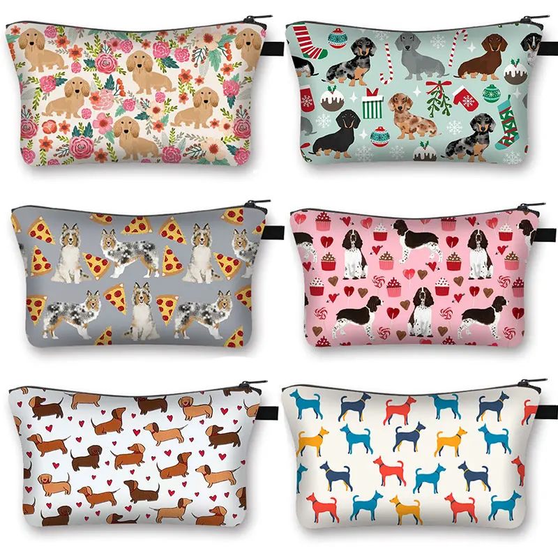 Cartoon Dog Print Ladies Cosmetic Bag Shopping Fashion Coin Purse Cute Dachshund Holding Portable Travel Girl Cosmetic Case