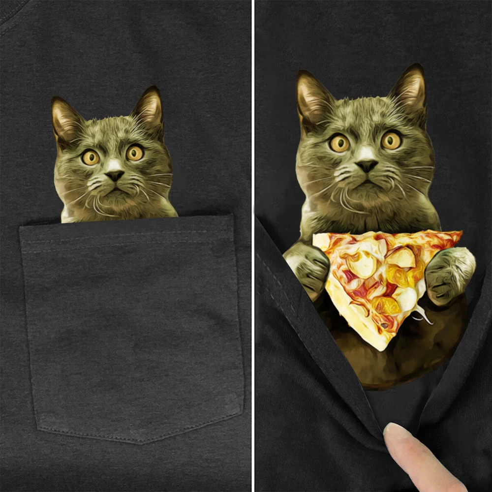 

CLOOCL Funny Cats T-Shirts Newest British Shorthairs Cheese Pizza Printed Pocket T-shirt Mens Women Clothing Short Sleeve Shirts